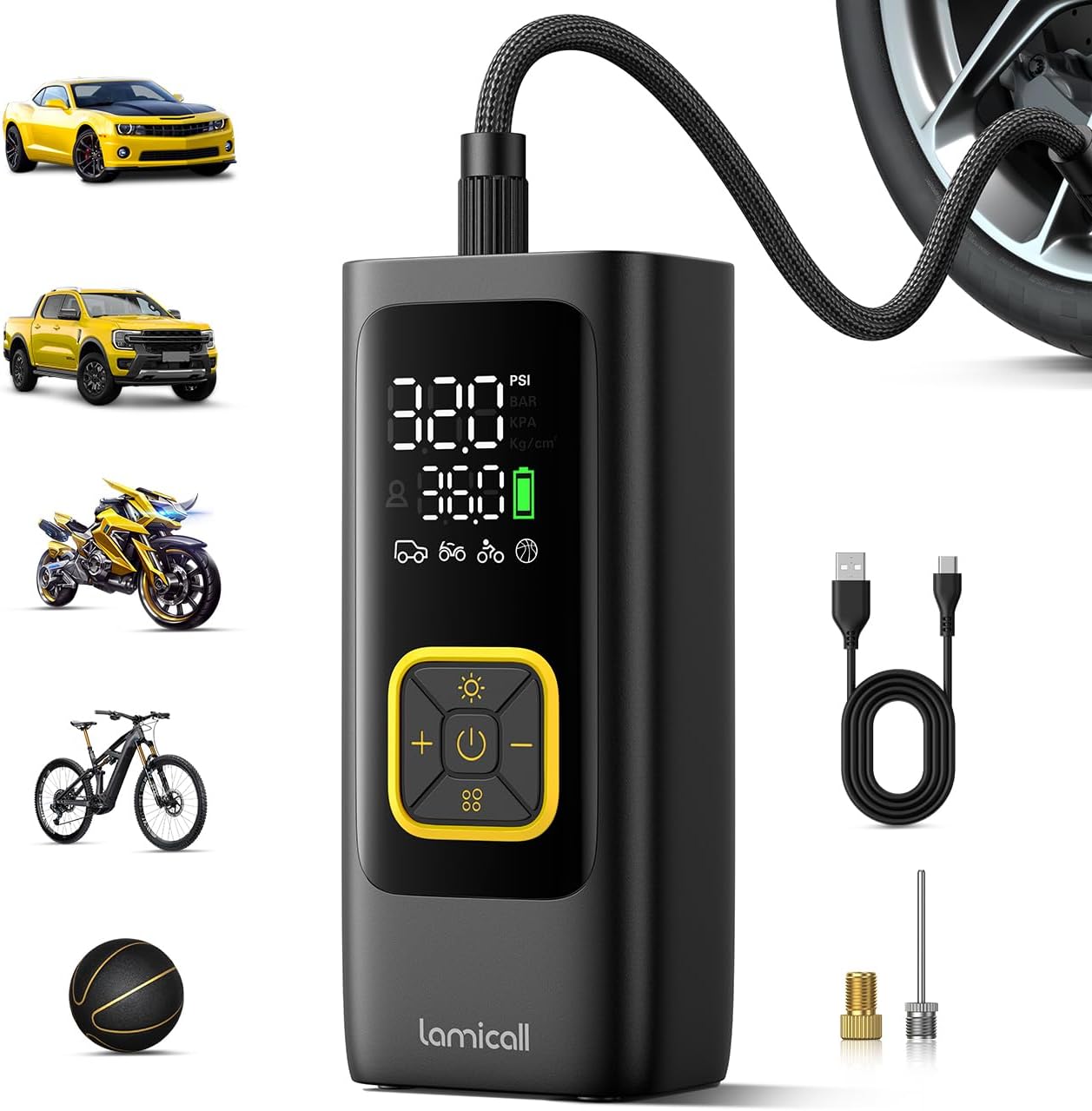 Lamicall Tyre Inflator Cordless Compressor - [6000mAh High-Capacity Battery] 150PSI Electric Air Pump with Digital Pressure Gauge & Auto Shutoff, Portable Pump with LED Light for Car Bike Motorcycle
