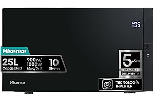 Hisense H25MOBS4HGI - Microondas Digital con Grill 25 Litros, 1000W, Inverter Expert, Descongelación Rápida, Calentamiento Uniforme, Silencioso, Revestimiento Cerámico, Cristal Premium, Modo ECO