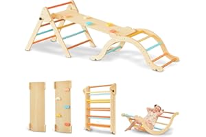 Giant bean Ensemble Triangle de Pikler Pliable avec Rampe Coulissante et Arche d'escalade, Jouets d'escalade en Montessori Bois 5-en-1 pour Tout-Petits à Intérieur, 1 Ans+