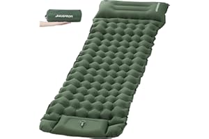 Hausprofi Karimata samopompująca, 10 cm, niezwykle lekka karimata kempingowa, materac kempingowy, mata kempingowa z pompką nożną i poduszką pod głowę, do użytku na zewnątrz, zieleń wojskowa