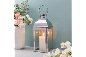 JHY DESIGN Dekoracyjne latarnie, 31,8 cm wysokości, stal nierdzewna, latarnie na świeczki z hartowanego szkła, do wnętrz i na zewnątrz, vintage, lampy wiszące