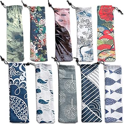 CKANDAY Lot de 10 Pochettes de Transport en Paille, Sac à Couverts de Voyage en Acier Inoxydable, Verre, Couteau, Fourchette, cuillère, Baguettes en Bambou - 10 Couleurs