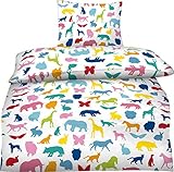 Aminata Kids - bunte Jungen Mädchen Kinder-Bettwäsche 135x200 Baumwolle Wilde-Tiere Zoo-Tiere Bettwäsche-Kinder Pferd Eule Katze Elefant Löwe Hund Schmetterling Reißverschluss bunt