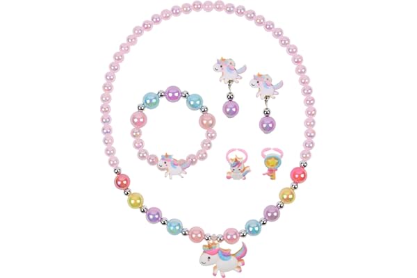 OSDUE Bijoux Enfants, Ensemble de Bijoux, Petites Filles Collier Bracelet Bague Boucles d'oreilles Set 6 Pièces, Princesse Anniversaire Noël Cadeau pour Fille