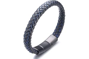 HALUKAKAH ● Jazz Júnior ● Niños Cuero Genuino Trenza Hecha a Mano Negro Mezcla Azul/Rojo/Verde Pulsera 6-12 años. Titanio Cierre Esmerilado Magnético Tamaño Ajustable 18-19.5cm con Caja de Regalo