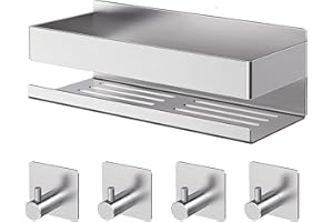 AIKER Estanteria Baño,Versión Mejorada Estanteria Baño Sin Taladro，Acero Inoxidable 304 Engrosado Estante Ducha Sin Taladro-Organizador Baño con 4 Ganchos Accesorios Baño
