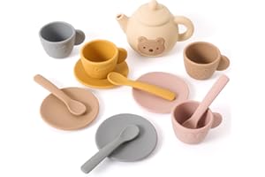 OESSUF Bear Children's Tea Party Set - 13PCS Silicone Tea Pot with 4 3D Animal Cups , Coasters & Spoons Leak-Proof Dishwasher Montessori Learning Pretend Play Gift for 1 2 3 4 5 Year Old Boys Girls