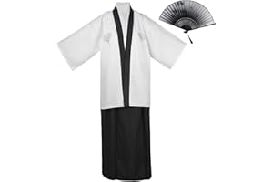 KRUIHAN Japanese Kimono Men Yukata Kimono Robe Japanese Traditional Samurai Uniform Cosplay Costume Japanese Style Clothing Haori Jacket Top Hakama Skirt Set,One Size