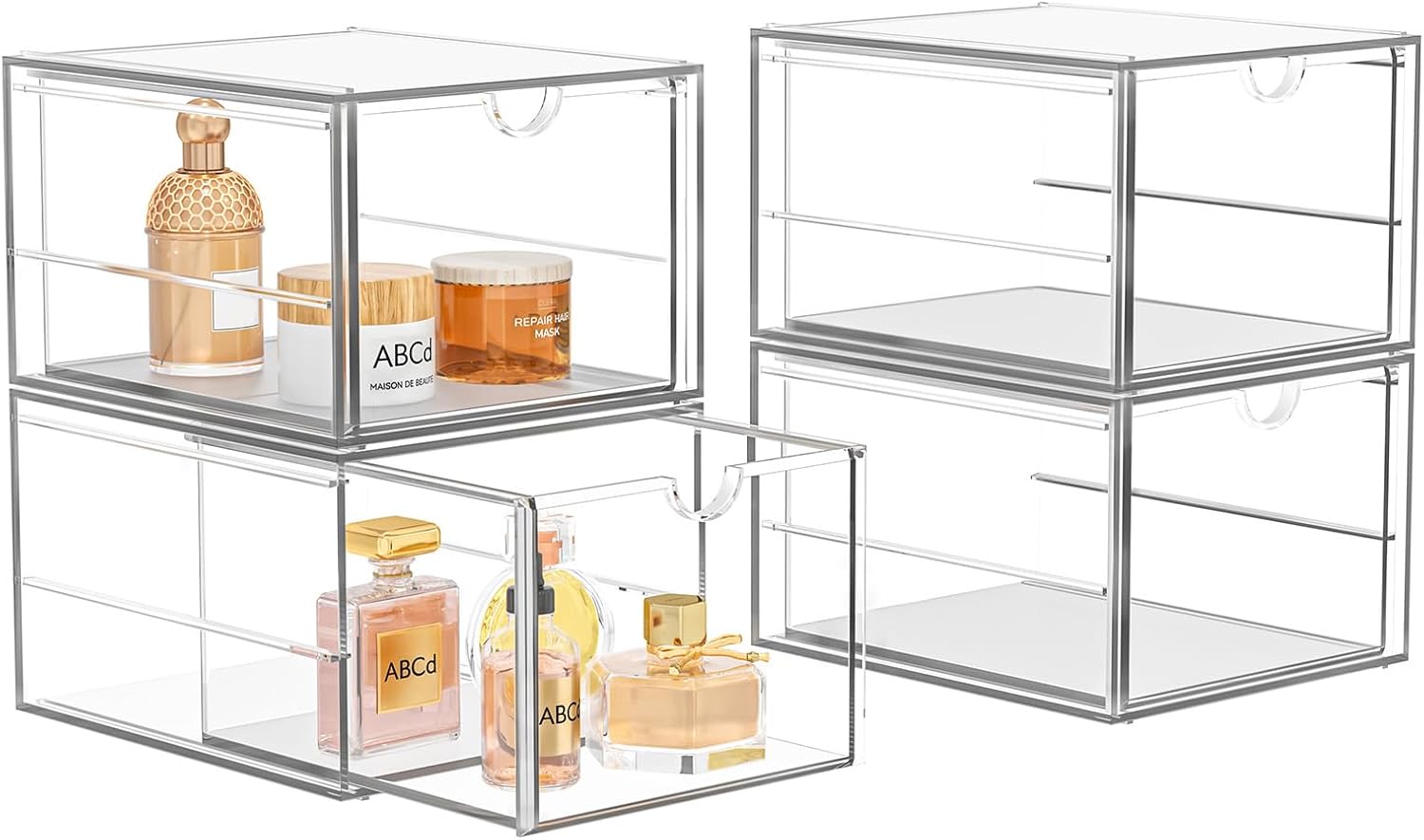 4 Pack Stackable Storage Drawers, Acrylic Cosmetic Drawer, Clear Desk Accessories, Latest Model Dustproof Drawer Storage for Dresser, Bathroom
