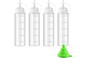 Qcdou Squeeze Bottle,4 Pack Plastic Sauce Bottle, 250ml /8 oz Squeezy Bottles with Nozzles, Reusable Oil Bottles for Kitchen with Cap, Seasoning Dispensers for Hot Sauce, Salad, Sauce, Ketchup