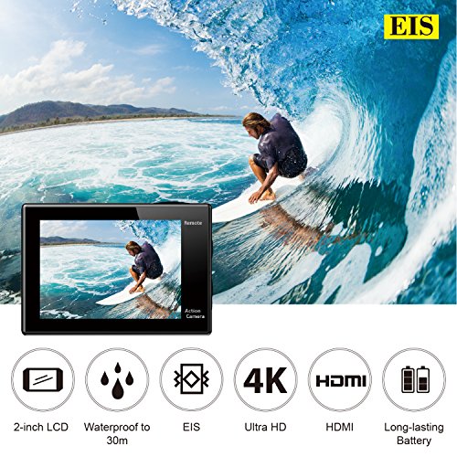 EKEN V8s Native 4K EIS Action Camera, Wifi Waterproof Sports Camera with 4K/2.7K/1080P60 fps Video, 14MP Photo and 170 Wide-Angle Lens, includes 10 Mountings Kit, 2 Batteries (Black)