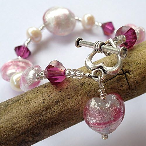 Diana Ingram bracelet with candy stripe pink Murano glass mixed beads, Austrian crystals, white pearls and small heart charm on Sterling Silver clasp