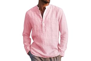 LVCBL Mens Casual Cotton Shirt Long Sleeve Band Collar Henley Shirt Tops