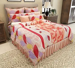 Home Candy Leaves Premium Cotton Double Bedsheet with 2 Pillow Covers - Red