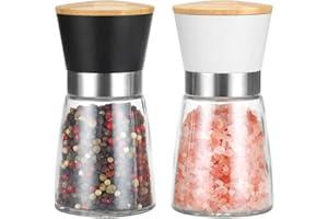 Vucchini Salt and Pepper Grinder Set Black and White, Easy to Refill and Use, Ceramic Spices Mill for Kitchen, with Adjustable Coarseness, Fresh-Keeping Wooden Lids