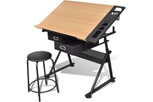 Tidyard Escritorio Plegable Mesa de Dibujo inclinable con 2 cajones y Taburete