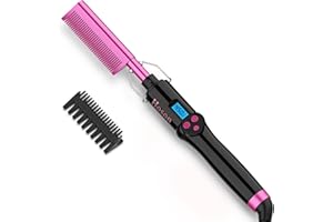 HOSON Electric Hot Comb, Straightening Comb for Wigs, Hot Comb Hair Straightener for American African Hair, 410F High Heat LCD Display with Dual Voltage, Pink