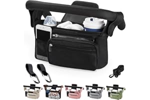 Tyuodna Baby Pram Bag Stroller,Universal Stroller Bag with 2 Insulated Cup Holder,Large Capacity Bag Organiser,Buggy Organiser Bag with Shoulder Strap&Non-Slip Secure Hooks (Balck)