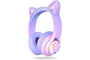 iClever Cuffie Bluetooth per Bambini, BTH13 Cat Ear LED Cuffie Wireless per Bambini, 50 Ore di Riproduzione, 74/85dBA di Limitazione del Volume, con Microfono Sopra l'Orecchio