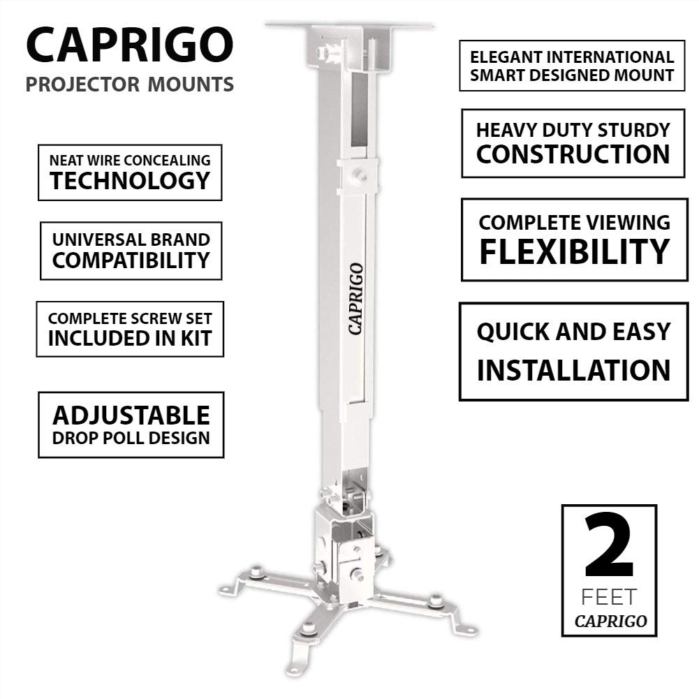 CAPRIGO Heavy Duty 1 Feet to 2 Feet (12 Inch to 24 Inch) Adjustable Projector Ceiling Mount Stand, Universal Projector Wall Mounting Bracket Kit with Swivel, Tilt & Height Adjustments (White-M447) - Image 5