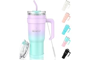 MOMSIV 40oz Tumbler with Handle and Straw, Large Capacity 1100ml Stainless Steel Leakproof Coffee Cup, Insulated Vacuum Travel Mug Water Bottle for Hot and Cold Iced Drink, Purple-Green