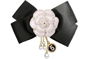 IMINI Broche de borla de lazo grande preatado con flor de camelia para mujeres y niñas, perlas de imitación de circonita cúbica, número de la suerte, cadena de cinco cadenas, broches de tela, clip de