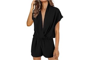 JERFER Combishort Femme Sexy Casual Romper Jumpsuit d'été Short Couleur Unie Chic Combinaisons Col en V Vêtement Ample LâChe