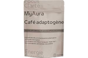 MYAURA Café champignons adaptogenes|Gout café délicieux|Lion's Mane=Concentration|Racine de Maca=Énergie|Ashwagandha=anti-Stress|Bacopa=Longévité|L-Théanine=Nervosité|L-Tyrosine=Fatigue,100g
