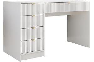 ‎MIRJAN24 Mirjan24 Tireno Desk, 5 Universal Drawers, Ribbed Fronts, Student Desk, Computer Desk, Children's Desk, Work Table, PC Table, Teenager's Room, Children's Room (White Velvet)