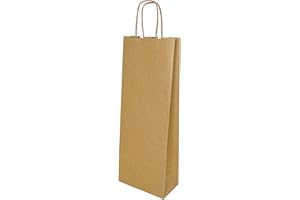 Florio Carta - Shopper per Bottiglie di Vino Colore Avana | 25 Pezzi | Carta da 100 gr.| Dimensioni: 14x09x40 cm | Manico in Carta Ritorta Colorata