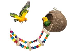 DOLYUU Casetta per uccelli ornamentali, in noce di cocco, giocattolo da arrampicata con scale per criceti, uccelli ornamentali, nidi di scaletta, nido di noce di cocco naturale.