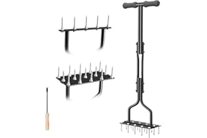 Lawn Aerator Scarifiers for Lawns, EEIEER 2-in-1 Lawn Scarifier and Aerator Lawn Spike Aerator with 15 Iron Spikes, T-Handle Garden Tools Grass Aerator for Aerating Lawns Yard Loosening Soil Lawn Care
