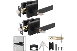 MEKOTRIN Door Lever Handle Lock, Interior Door Handle with Lock and Key, Square Entry Door Handle Set for Bedroom Office Aluminum Alloy Matte Black Door Knob Left or Right Handing
