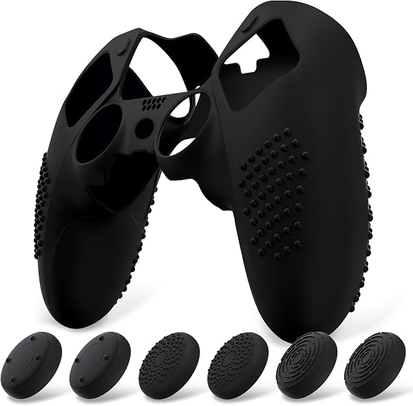 PlayVital Funda de Silicona Antideslizante para ps5 Edge - Carcasa Protectora con 6 Tapas de Joysticks, Cubierta de Goma Tacto Suave, Protector de Mando, Diseño 3D Tachonado (Negro) - 1