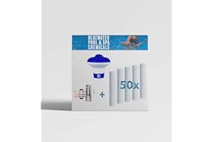 BLUEWATER POOL & SPA CHEMICALS Bluewater Bromine 50 x 20g Tablets with Premium Adjustable Floating Dispenser and FREE 10 Water Test Strips - Essential Sanitiser for Crystal Clear Pool and Spa Water