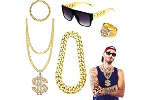 CEWROM Halloween Rapper Costume Hip Hop Accessori, Rapper Accessori 5 Pezzi Set, Gangster Gioielli Rapper 80/90, Simbolo del Dollaro, Collana D'oro, Occhiali da Sole, per Costume da Carnevale Festa