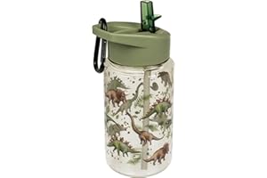 ReWu Trinkflasche Trinkgefäß Kinderflasche Dinosaurier-Print mit Trinkhalm/Strohhalm und Karabiner-Haken Einschulung Geschenkidee Schultag, 450ml
