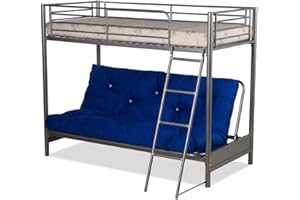 Humza Amani Futon Bunk Bed – Silver Metal Frame with Navy Futon Mattress – 3FT Top Bunk & 4FT6 Convertible Sofa Bed – Space-Saving, Sturdy Option for Modern Guest Spaces