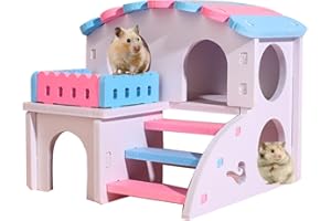 CRETVESTSAR Wooden Hamster House, 2 Level Small Animal Cage with Stairs and Hideout House for Dwarf Hamsters Syrian Hamsters Mice Gerbils, Colorful Wooden Rodent House Playground(style 1, one size)