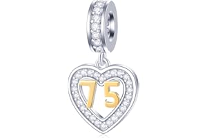 GLOWDAS 10 to 25 28 30 33 35 40 45 50 55 60 65 70 75 80 Birthday Charms, fit European Anniversary Bracelet/Necklace, Golden Number 925 Sterling Silver Heart Pendant with CZ, for Women/Men