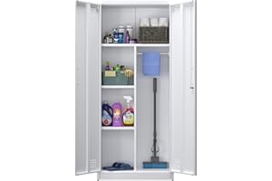 SUPEER Armadio per scopa con ventilazione e chiusura magnetica, armadio multiuso, robusto in acciaio per aspirapolvere, detergenti, biancheria e accessori per la casa, 70 x 30 x 165 cm, bianco
