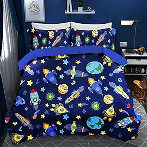 GG Home Pure Cotton 210TC Designer Cotton Cartoon Printed Double Bed Bedsheet with 2 Pillow Covers for Kids Room. (Space).