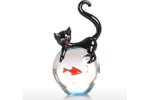 Tooarts Cat and Goldfish Gift Glass Ornament Animal Figurine Handblown Home Decor Black & Red