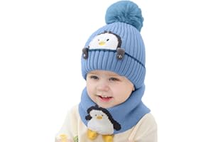 RAYSON Gorros para Niño Niña Bebé Otoño Invierno Linda Pequeño pingüino Niños Gorro de Punto Acolchado y Bufanda Traje de 2 Piezas
