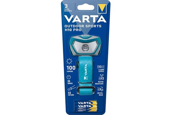 VARTA Lampe Frontale LED incl. 3x piles AAA, Outdoor Sports H10 Pro, torche frontale, deux modes d'éclairage, étanche aux éclaboussures, dimmable, à tête pivotante, bleue