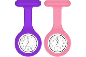 GEU 2 Pack Silicone Nurse Watch Brooch with Pin/Clip Glow in Dark Large Dial Pocket Brooch Fob Watch for Health Care, Doctor, Paramedic, Easy to Carry Pink and Purple