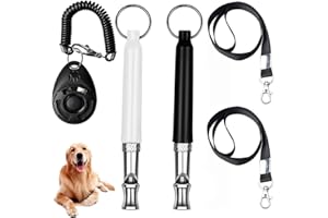 VANKRA Silbato ultrasónico para perros para detener los ladridos, 2 silbatos ultrasónicos de entrenamiento para perros de paso ajustable para recordar con cordones y clicker para perros (negro y blanco)