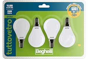 Beghelli - Lampadina LED E14 TUTTOVETRO Luce Calda, Sfera 5W, 600lm, 3000K, Vetro Opale, Efficiente, Facile Installazione, 15000 Ore, Gruppo Colore: Luce Calda, 4 pz