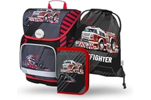 Baagl Schulranzen Jungen Set 3 Teilig, ERGO Schultasche für 1. Klasse, Ergonomische Grundschule Ranzen Tornister mit Brustgurt (Feuerwehr)