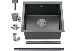 Black Kitchen Sink, 45X45CM Small Sink Stainless Steel Single Bowl, BoomHoze Outdoor Campervan with Overflow, Drainer Fittings, Undermount, Top Mount, Drop in Flushmount Installation, Black